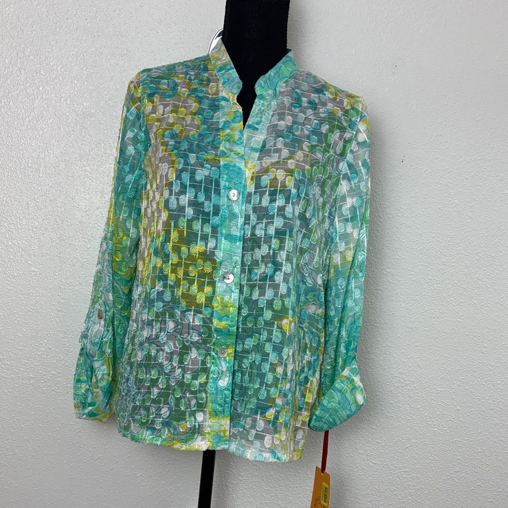 NWT Ruby Rd Aqua Green Abstract Print Button Up Blouse Size 8 - Picture 2 of 9